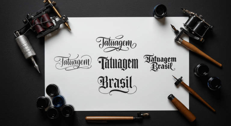 Atributo ALT da Imagem: Folha de papel com o nome"Tatuagem Brasil" escrita em 5 fontes diferentes para tatuagem, como Gótica e Cursiva.