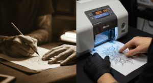 Comparativo mostrando a evolução do decalque de tatuagem, do método manual e demorado para a rápida impressora térmica.
