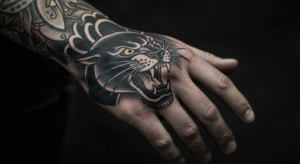 Mão de um homem com uma tatuagem de pantera no estilo Old School, como uma das ideias de tatuagem na mão masculina.