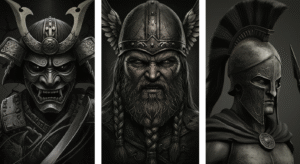 Montagem com tatuagens de guerreiros, mostrando um Samurai, um Viking e um Espartano em realismo preto e cinza.