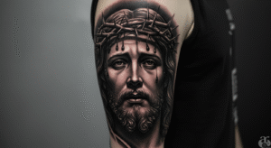 Tatuagem realista de Jesus Cristo com a coroa de espinhos, ilustrando o significado de fé e sacrifício.