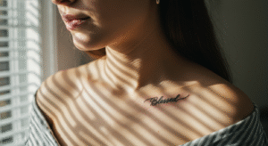 Tatuagem com a palavra "Blessed" na clavícula, escrita em caligrafia fina, ilustrando o seu significado de gratidão.