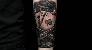 Tatuagem da "Dead Man's Hand" (Mão do Homem Morto) com um par de ases e oitos pretos, uma caveira e pistolas.