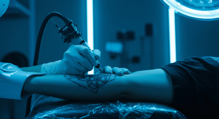 Braço robótico funcionando como uma impressora de tatuagem, aplicando um desenho geométrico preciso na pele de uma pessoa.