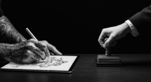 Mão de um burocrata tentando carimbar a mão de um tatuador que desenha, simbolizando a polêmica da regulamentação da profissão de tatuador.