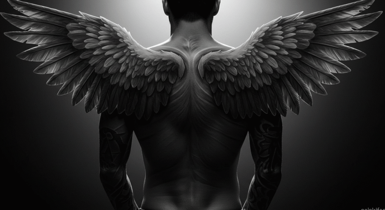 Pessoa de costas com uma grande tatuagem de asas de anjo realista, como uma das principais ideias de tatuagem de anjo.