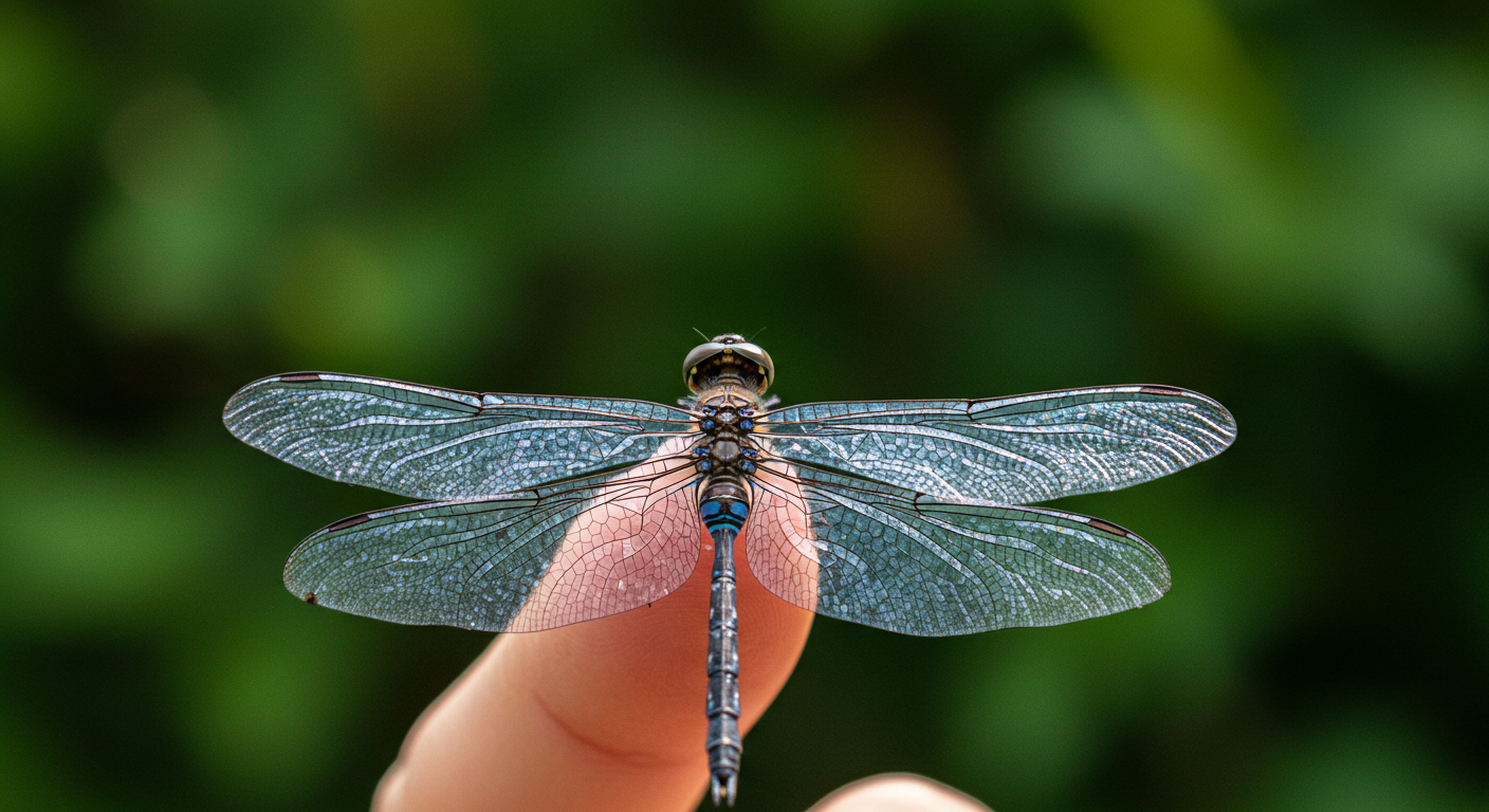Uma libélula colorida pousada em um dedo, ilustrando o significado da tatuagem de libélula e sua conexão com a natureza.