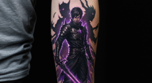 Tatuagem realista de Sung Jin-woo do anime Solo Leveling, ilustrando o significado de poder e superação do personagem.