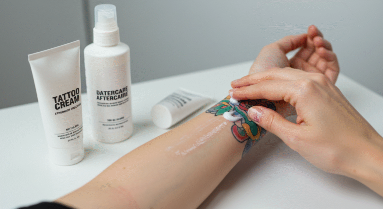 Pessoa aplicando pomada cicatrizante como parte dos cuidados com a tatuagem recém-feita no braço.
