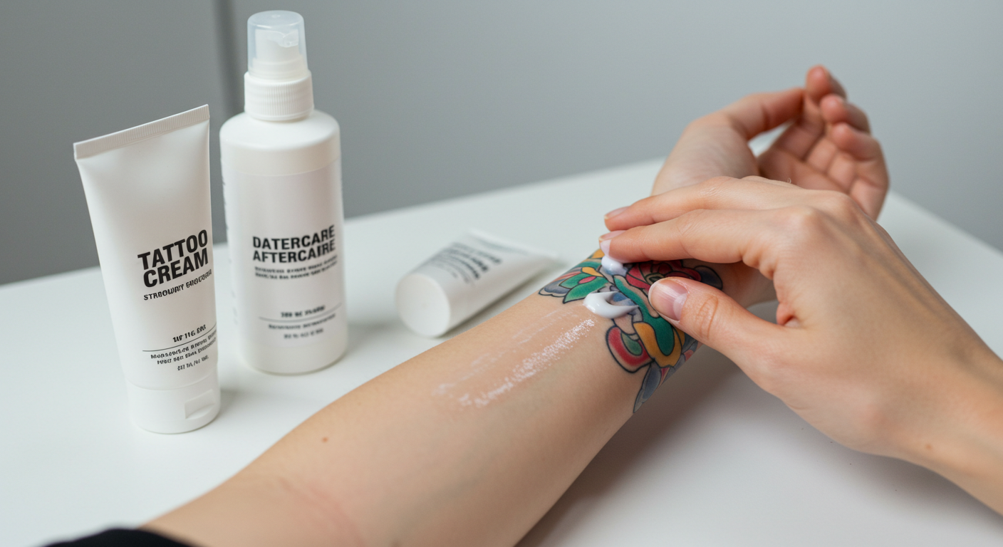 Pessoa aplicando pomada cicatrizante como parte dos cuidados com a tatuagem recém-feita no braço.
