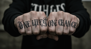 Mãos de uma pessoa com a tatuagem "One Life One Chance" nos dedos, no estilo Old School, ilustrando seu significado.