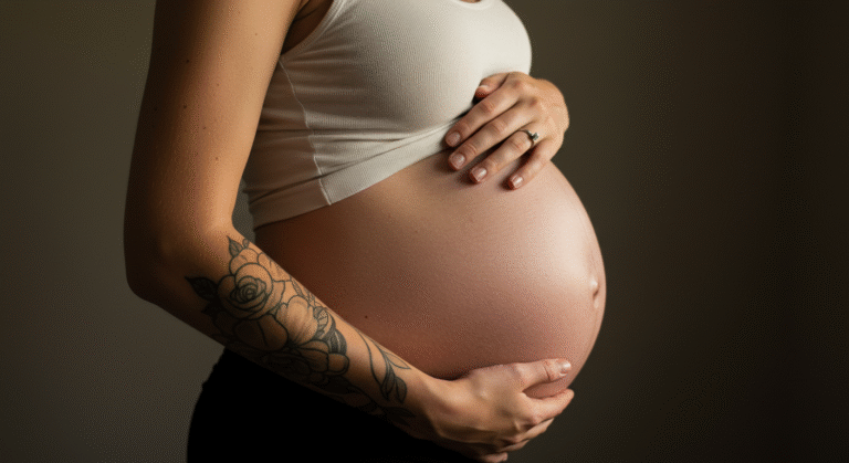 Mulher grávida acariciando a barriga, com uma tatuagem antiga no braço, mostrando que a prioridade na gravidez é a saúde.