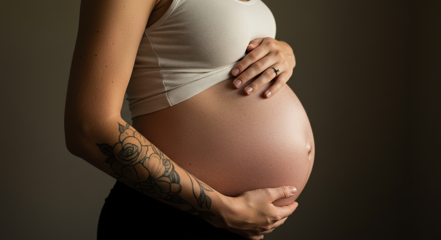 Mulher grávida acariciando a barriga, com uma tatuagem antiga no braço, mostrando que a prioridade na gravidez é a saúde.