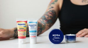 Comparativo das melhores pomadas para tatuagem: Bepantol, Bepantriz e o creme Nivea em lata.