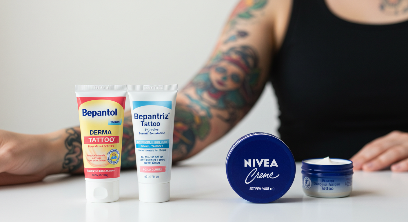 Comparativo das melhores pomadas para tatuagem: Bepantol, Bepantriz e o creme Nivea em lata.