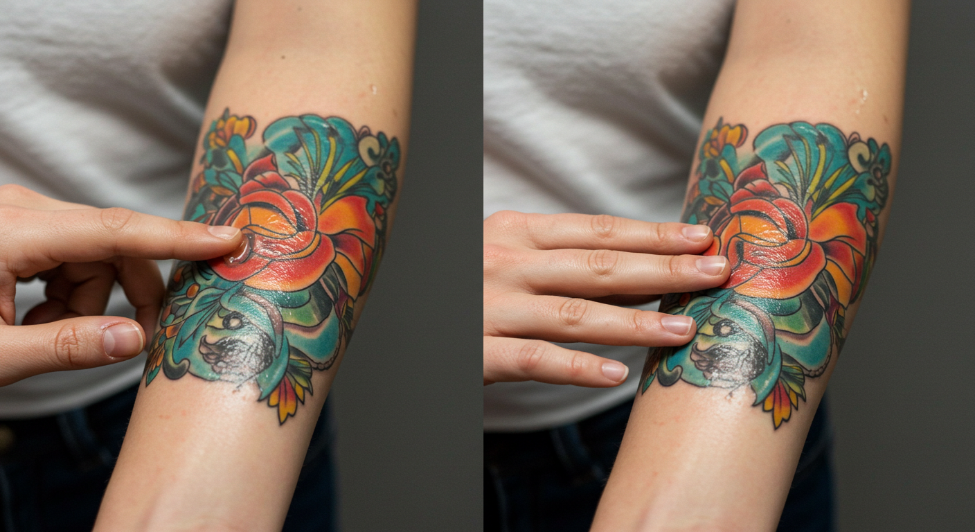 Infográfico mostrando as fases da cicatrização de uma tatuagem semana a semana.