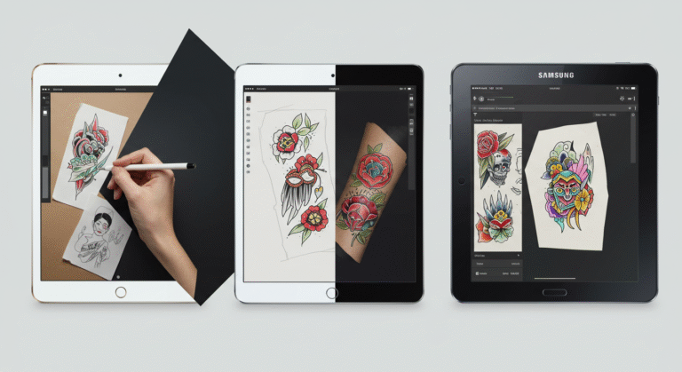 Comparativo entre os aplicativos de desenho para tatuagem: Procreate, Adobe Fresco e Infinite Painter, mostrados em diferentes tablets.