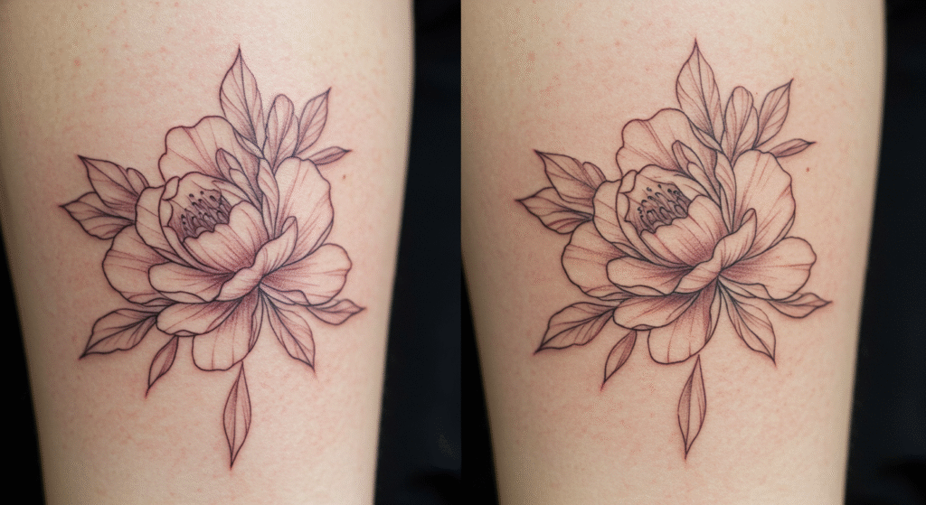 Comparativo do antes e depois de uma tatuagem fine line, mostrando o envelhecimento natural do traço fino após 5 anos.