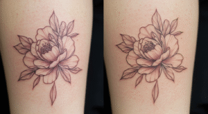 Comparativo do antes e depois de uma tatuagem fine line, mostrando o envelhecimento natural do traço fino após 5 anos.