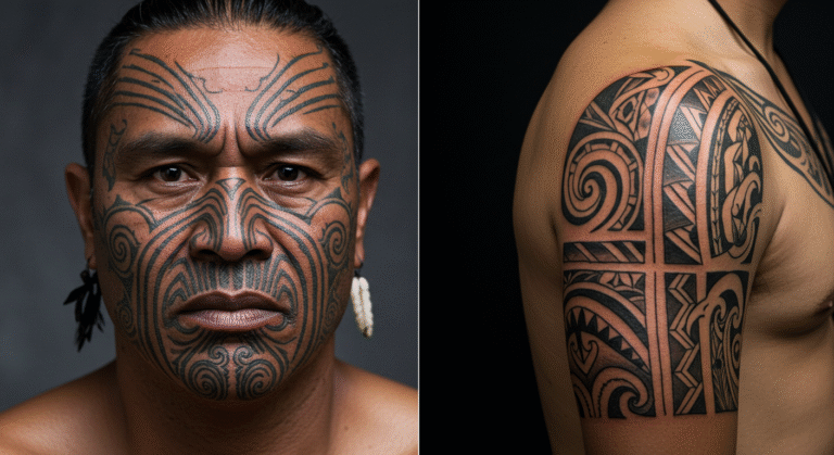 Comparativo mostrando a diferença entre uma tatuagem Maori no rosto (Tā Moko) e uma tatuagem Tribal Polinésia no braço.