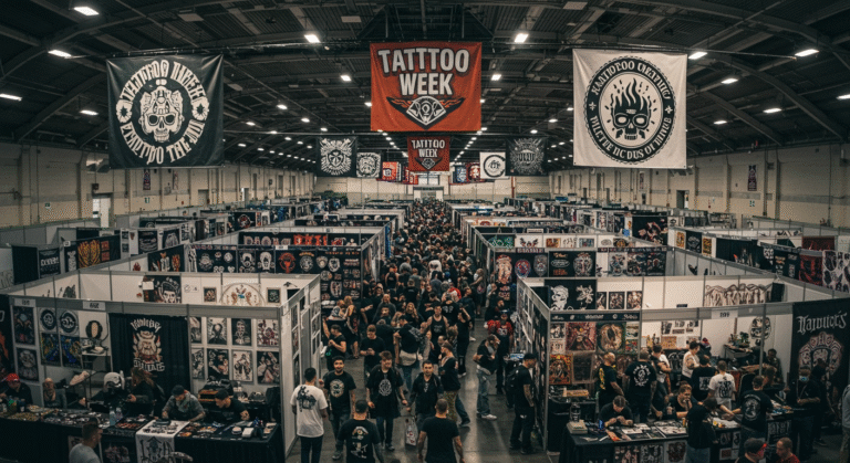 Visão panorâmica da Tattoo Week, a maior convenção de tatuagem do mundo, com corredores cheios de gente e artistas trabalhando em seus estandes.