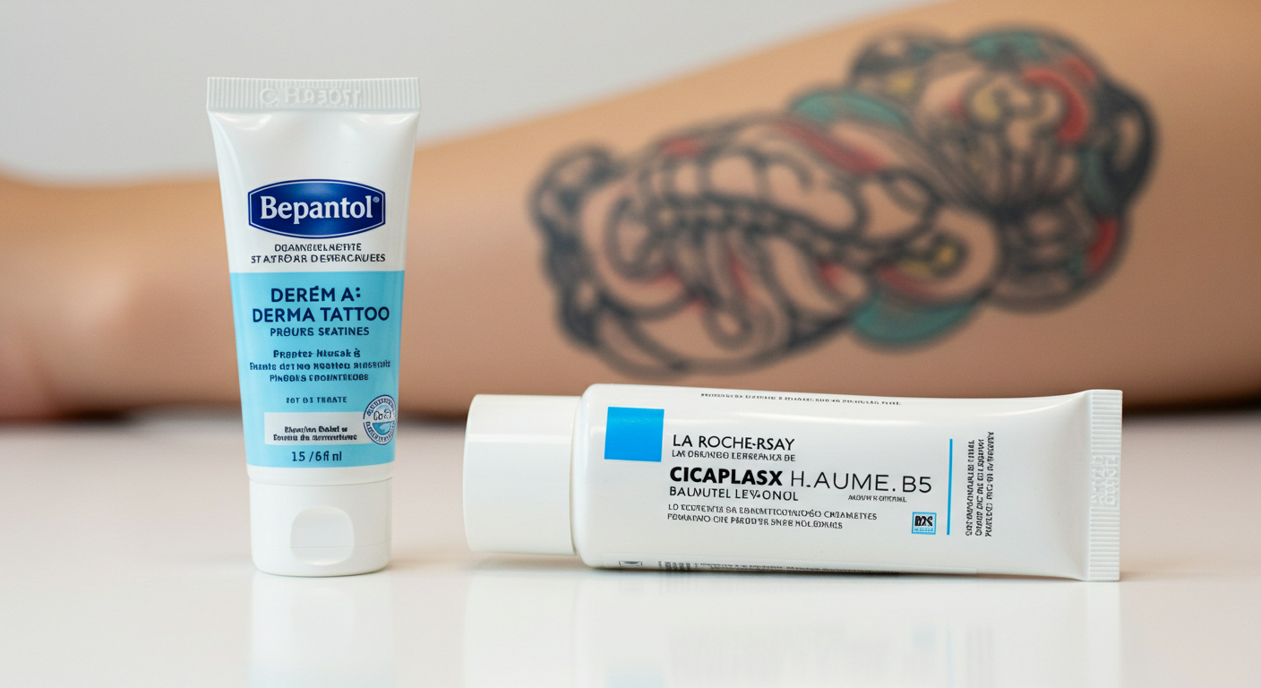 Tubo do creme reparador Cicaplast Baume B5 ao lado de uma pomada cicatrizante, ilustrando a dúvida se pode usar na tatuagem.
