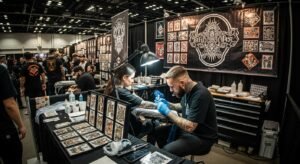 Tatuador profissional trabalhando em seu estande bem organizado durante uma convenção de tatuagem lotada.