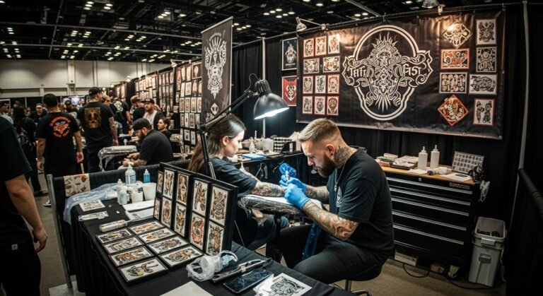 Tatuador profissional trabalhando em seu estande bem organizado durante uma convenção de tatuagem lotada.
