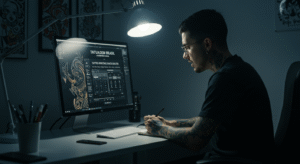 Tatuador usando a calculadora de tatuagem gratuita do portal Tatuagem Brasil para precificar sua arte de forma profissional.
