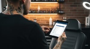 Tatuador em seu estúdio moderno organizando sua agenda em um tablet que mostra um dos aplicativos para estúdio de tatuagem.