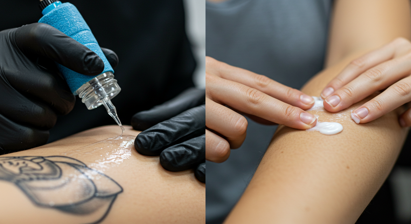 Comparativo mostrando um tatuador a usar vaselina na tatuagem durante a sessão e uma pessoa usando pomada cicatrizante em casa.