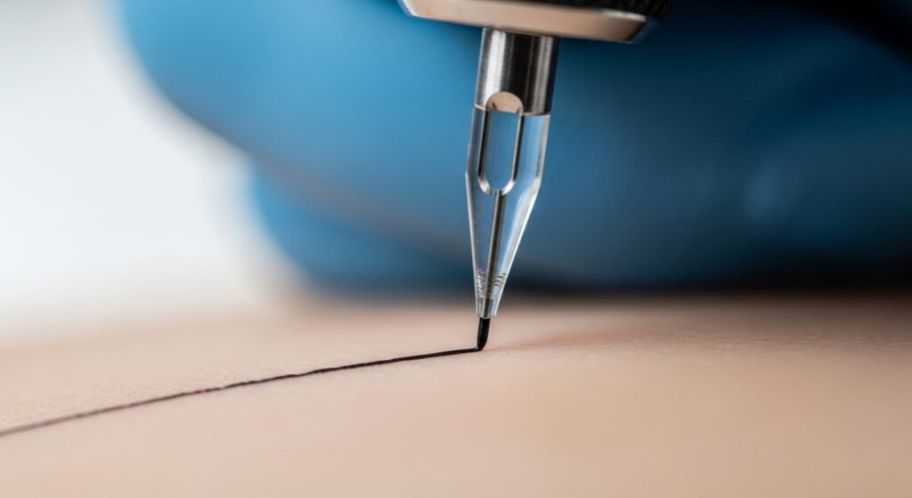 Close-up de uma agulha "single needle" executando um traço fino perfeito, ilustrando a técnica da tatuagem fineline.