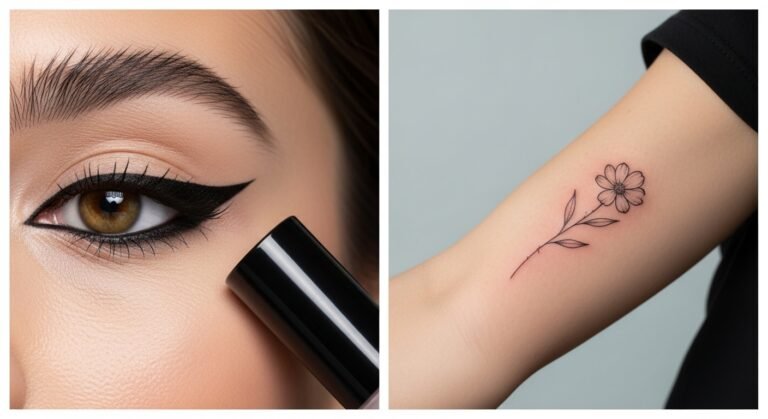 Comparativo entre o delineador Tattoo Liner da Maybelline e uma tatuagem de verdade, mostrando a diferença entre maquiagem e arte permanente.