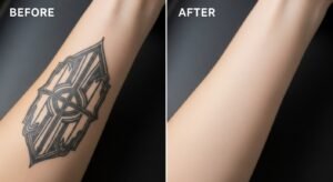 Comparativo do antes e depois de uma remoção de tatuagem a laser, mostrando o braço com a tatuagem e depois com a pele limpa.