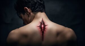 Tatuagem da Marca do Sacrifício de Berserk na nuca de uma pessoa, mostrando o significado de luta e resiliência.