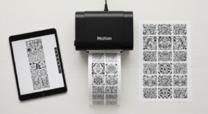 Impressora de decalque para tatuagem em uma bancada, imprimindo um stencil a partir de um desenho em um tablet.