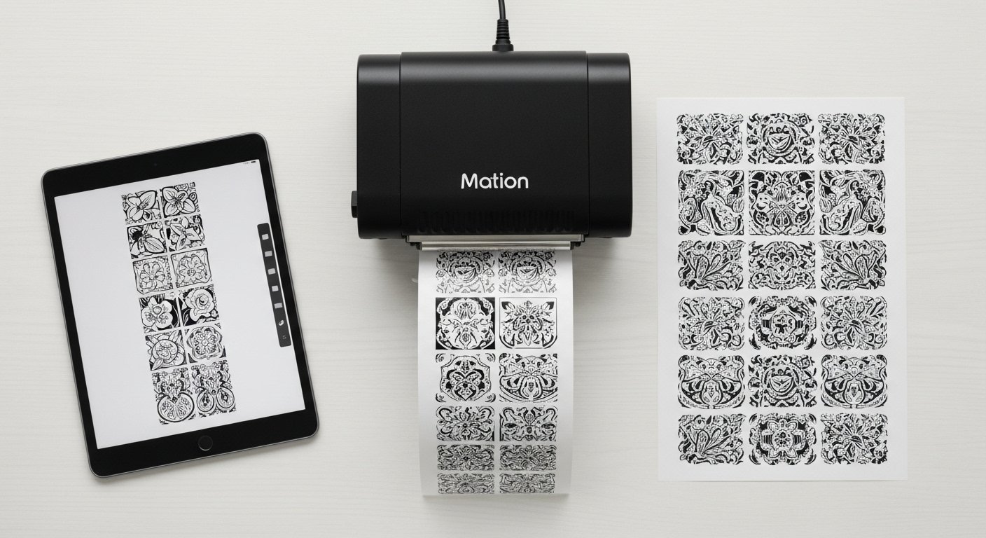 Impressora de decalque para tatuagem em uma bancada, imprimindo um stencil a partir de um desenho em um tablet.