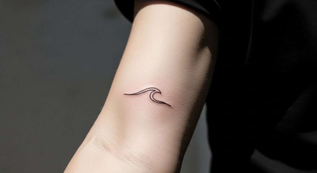 Ideia de tatuagem minimalista masculina com uma onda em traço fino no pulso.