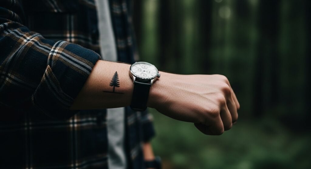 Inspiração de tatuagem minimalista masculina com o contorno de montanhas no antebraço.