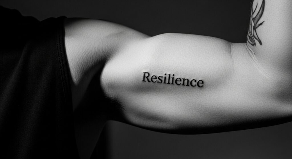 Tatuagem minimalista masculina com uma palavra em lettering no braço.