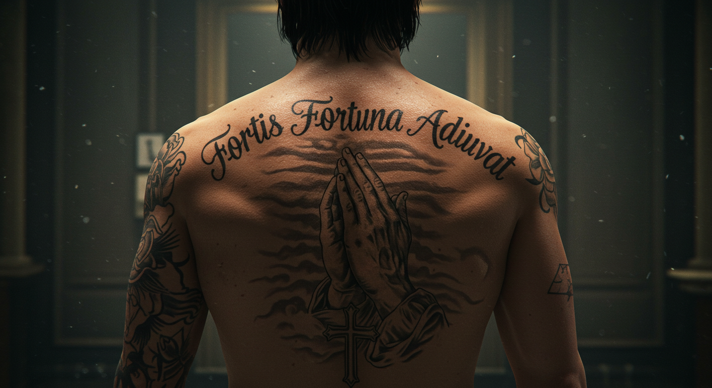 Costas de um homem com a tatuagem de John Wick, mostrando a frase "Fortis Fortuna Adiuvat" e as mãos em prece.