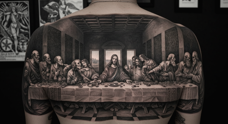 Tatuagem de fechamento de costas com a cena da Santa Ceia em realismo preto e cinza, ilustrando o seu significado religioso.