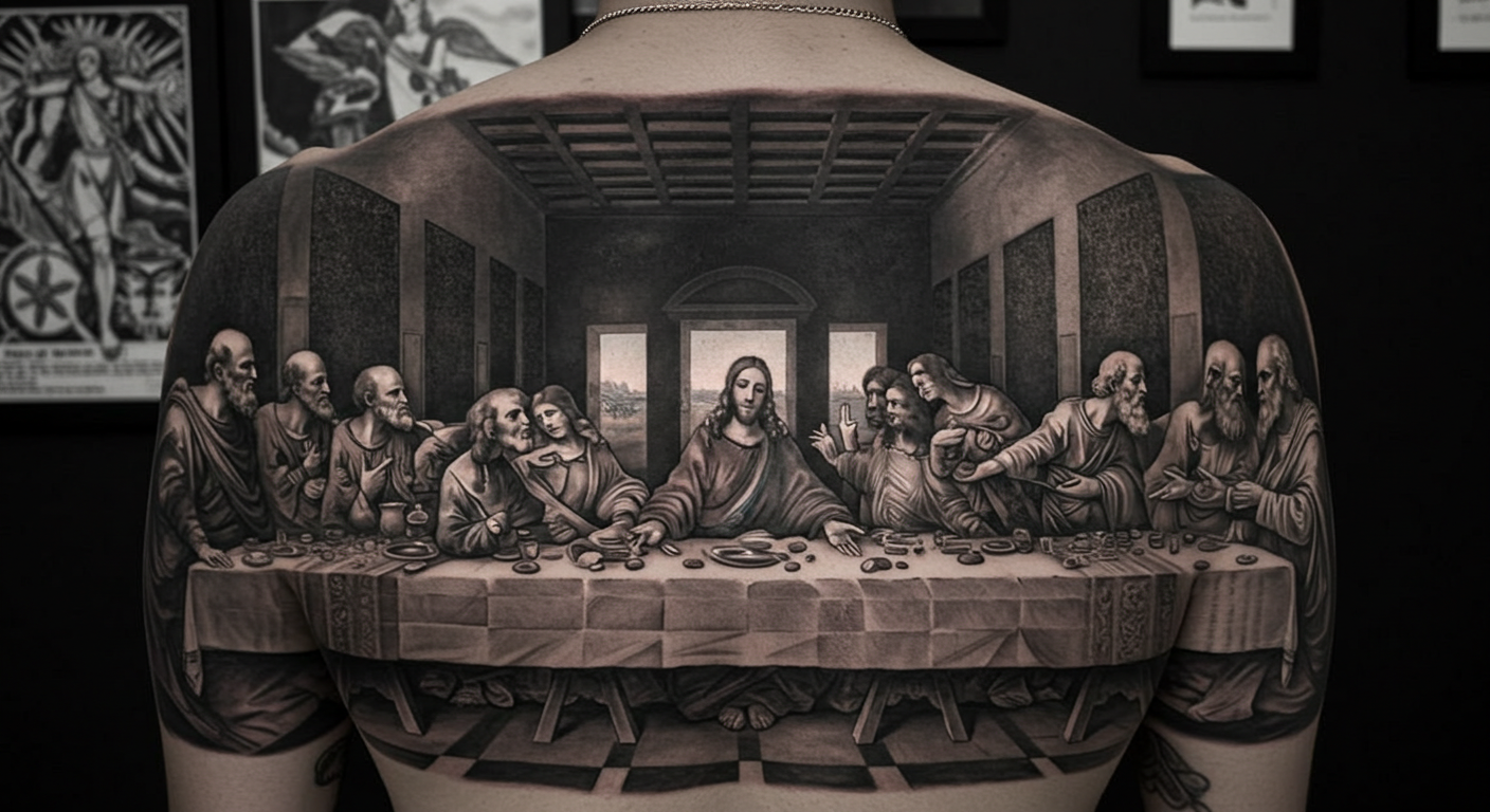 Tatuagem de fechamento de costas com a cena da Santa Ceia em realismo preto e cinza, ilustrando o seu significado religioso.