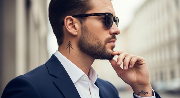 Homem com uma tatuagem minimalista masculina no antebraço e no pescoço, representando estilo e discrição.
