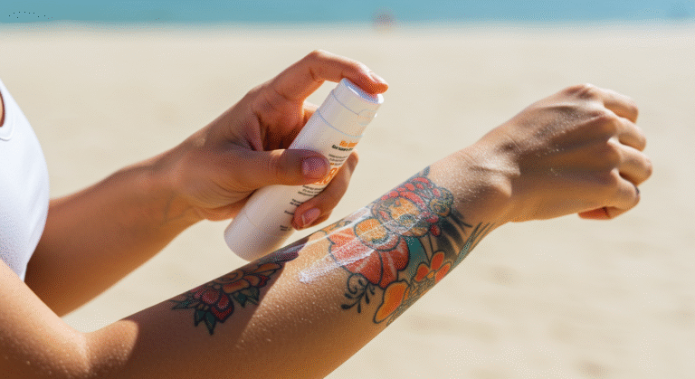 Pessoa aplicando o melhor protetor solar para tatuagem em uma arte colorida no braço, para protegê-la do sol.