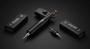 Máquina de tatuagem pen sem fio com baterias extras, representando a melhor opção de custo-benefício para artistas.