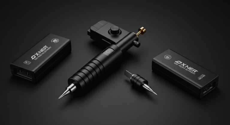 Máquina de tatuagem pen sem fio com baterias extras, representando a melhor opção de custo-benefício para artistas.