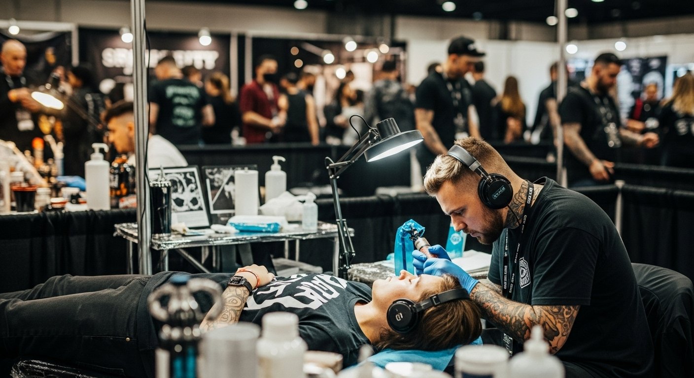 Cliente sendo tatuado em uma convenção de tatuagem, usando fones de ouvido para se concentrar em meio à multidão.