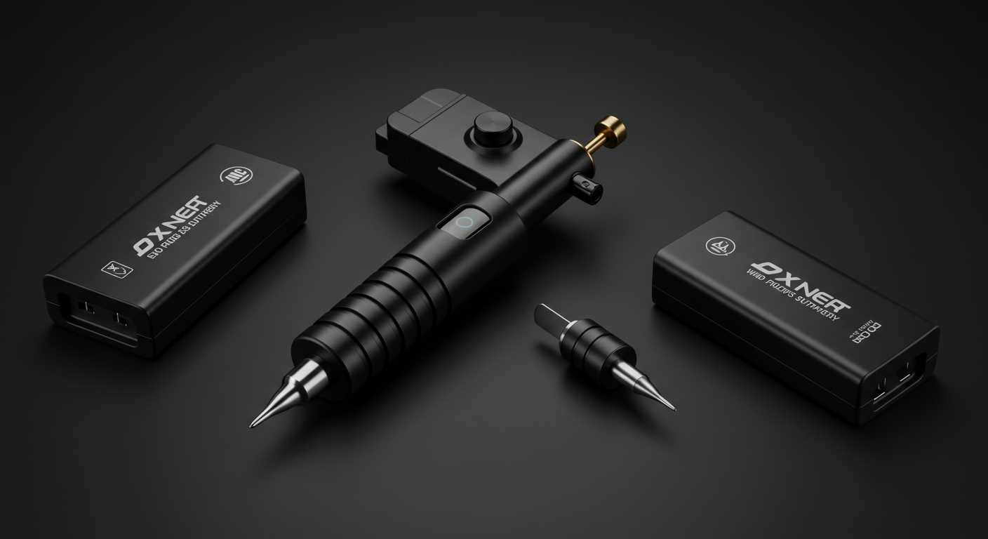 Máquina de tatuagem pen sem fio com baterias extras, representando a melhor opção de custo-benefício para artistas.
