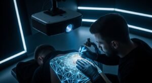 Tatuador usando um projetor para tatuagem, que cria um estêncil de luz com o desenho diretamente na pele do cliente.